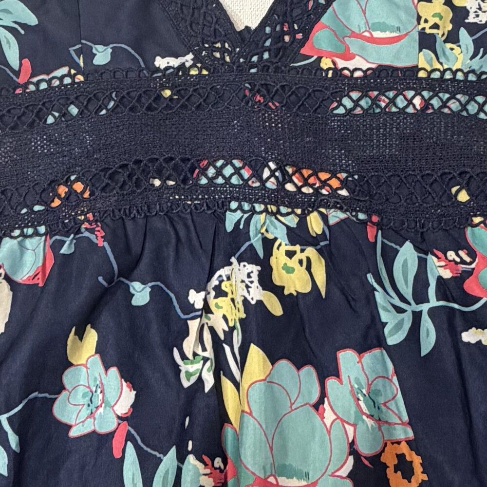 Boho Babydoll Dress Womens XL Navy Floral Empire Waist Tiered Sundress Festival - Picture 10 of 10